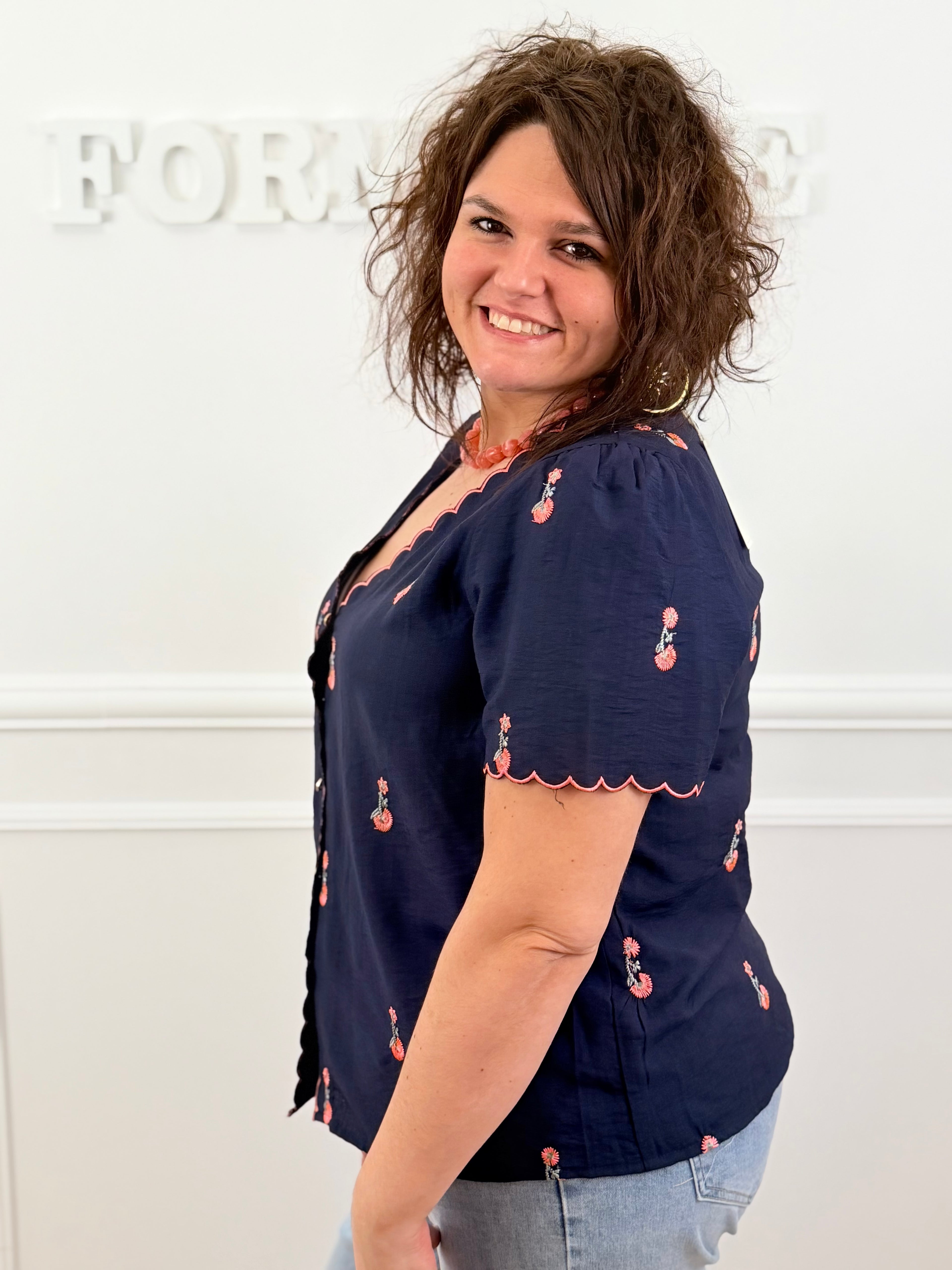 Blouse Sara bleu marine & rose