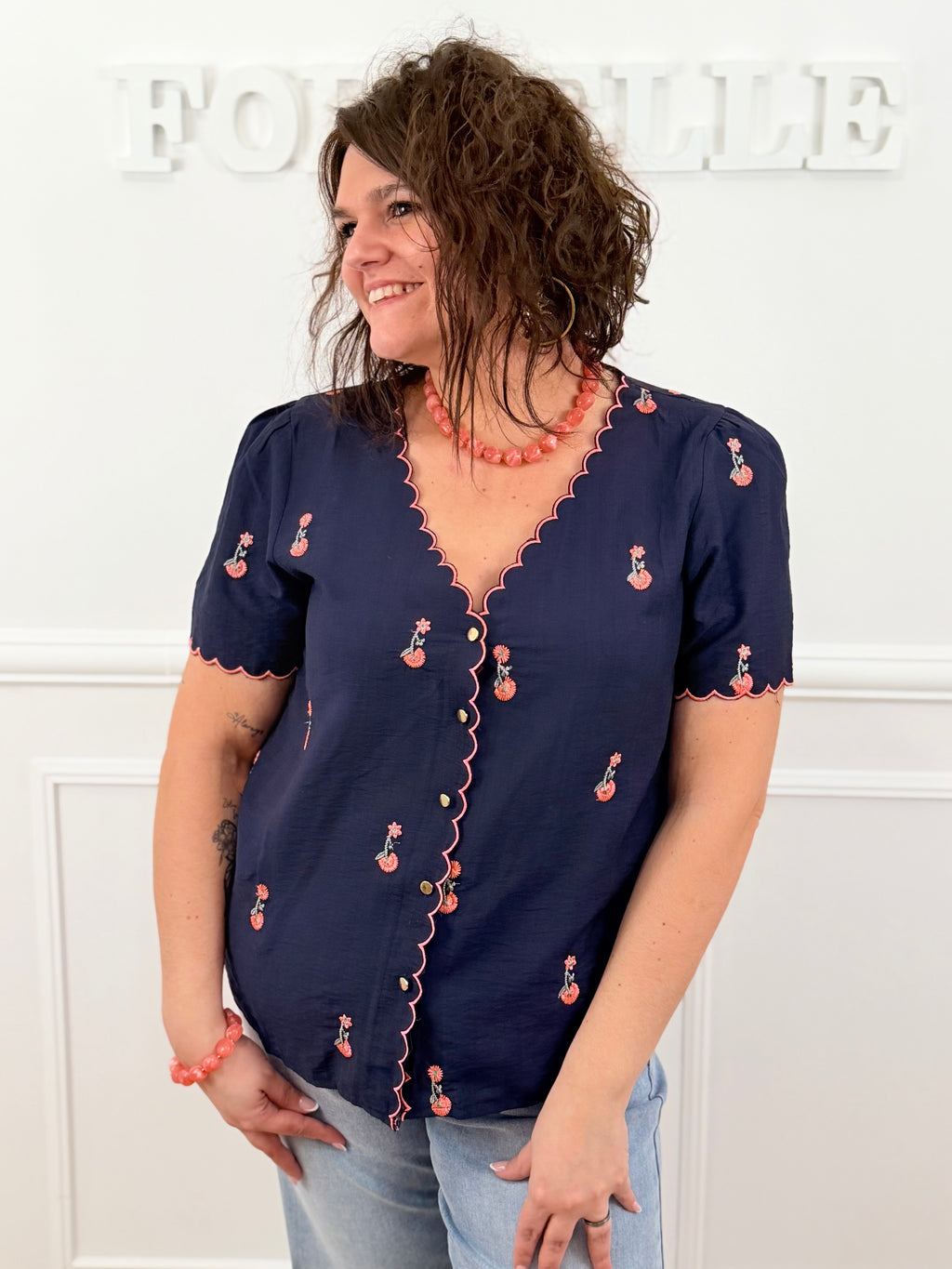 Blouse Sara bleu marine & rose