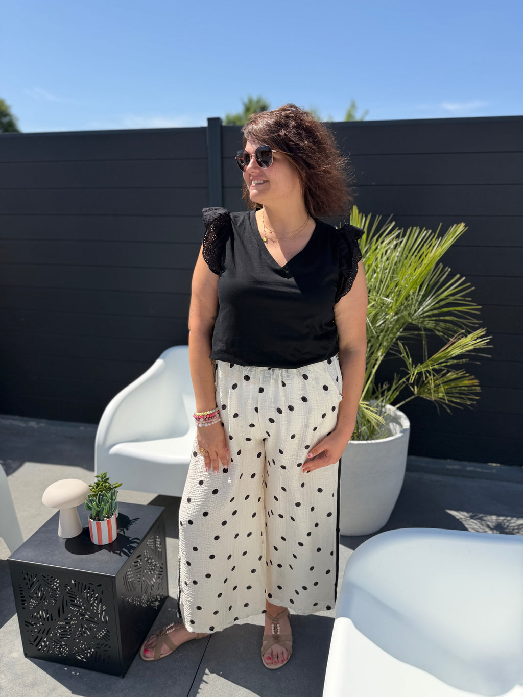 Pantalon blanc fluide petits pois