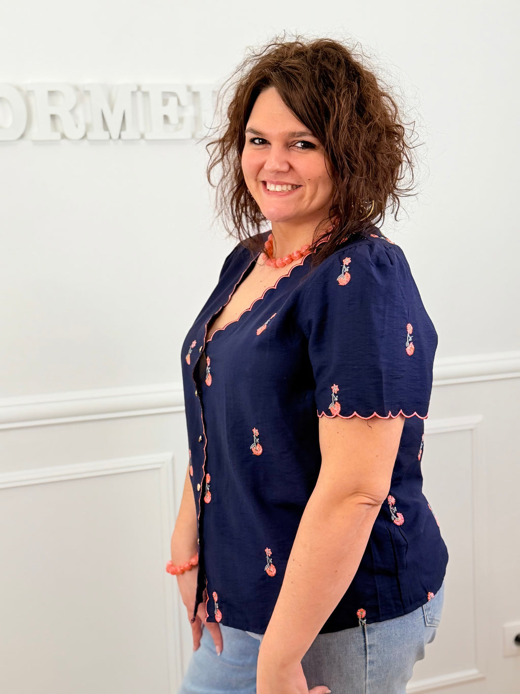 Blouse Sara bleu marine & rose